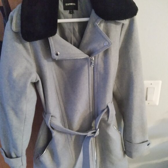 Express wool blend gray coat fur collar - Picture 2 of 3